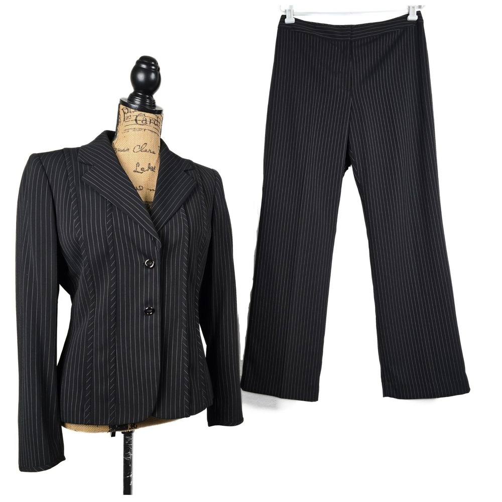 Tahari Arthur S Levine Black Pinstripe Pant Suit Set Blazer Trousers Women S. 10